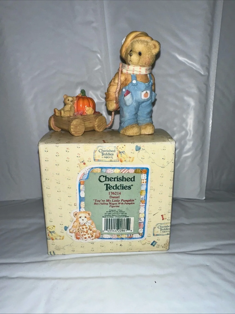 Cherished Teddies Bear Figurine in Blue Overalls & Tan Fur with Orange Pumpkin
